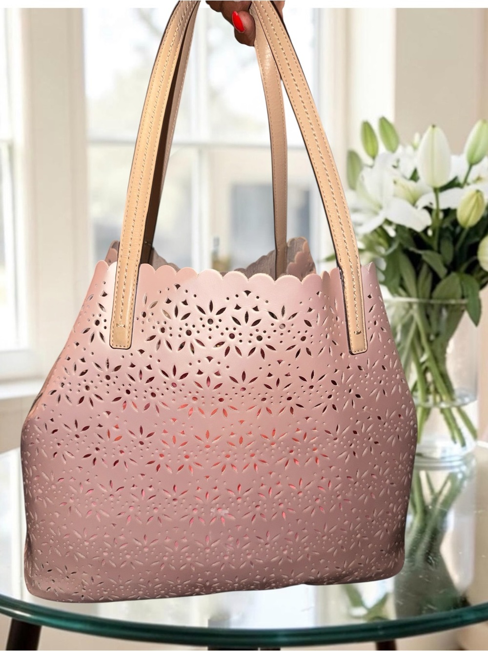 4 piece Coach Market Tote 3Piece Set Pearly Pink Laser Cut Perforated Tote & COA - Picture 5 of 16